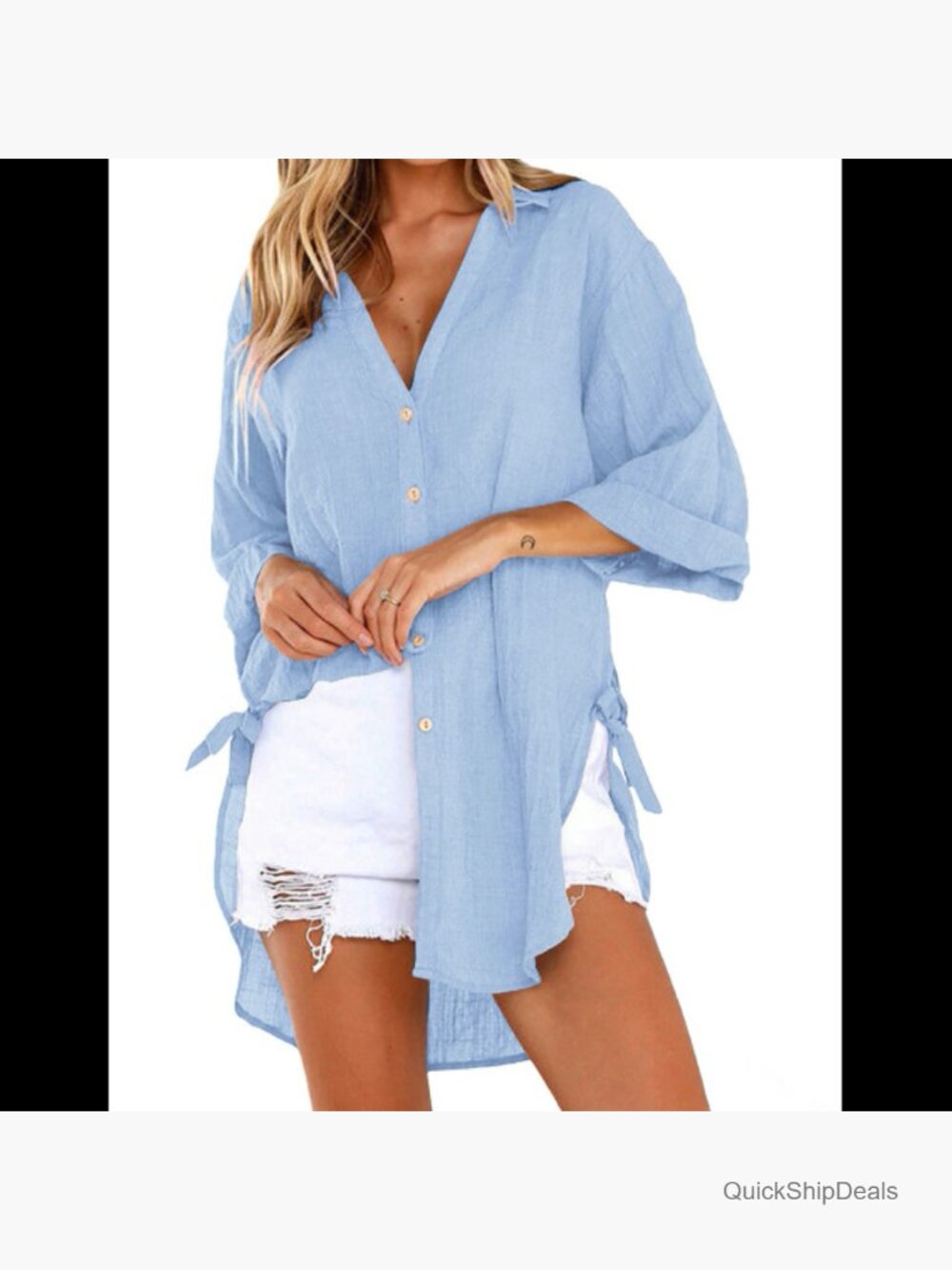 Women's V Neck 3/4 Sleeve Button Down Shirt Blouse Tunic Beach Top - Picture 5 of 5